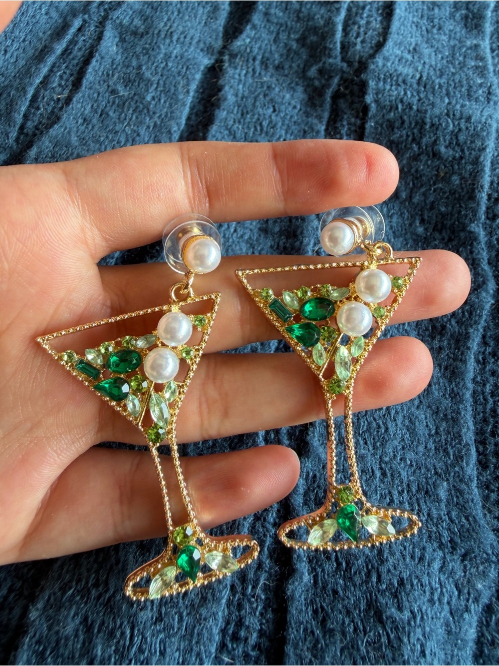 Gold-tone Green Crystal Martini Drop Earrings with Pearls
